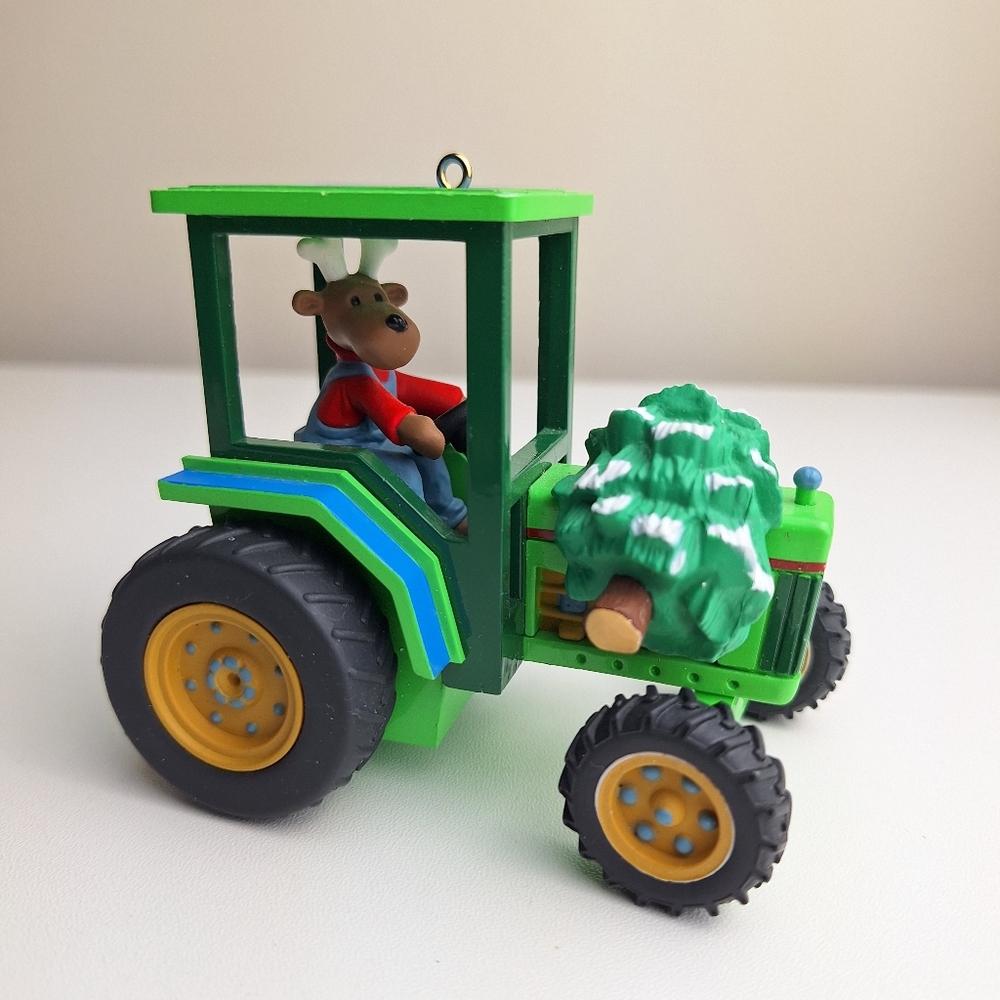 1996 Hallmark Keepsake Ornament Holiday Haul Reindeer Green Tractor